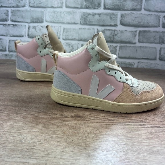 Veja V-15 Leather Suede High Top Sneakers Pink Tan Grey 37